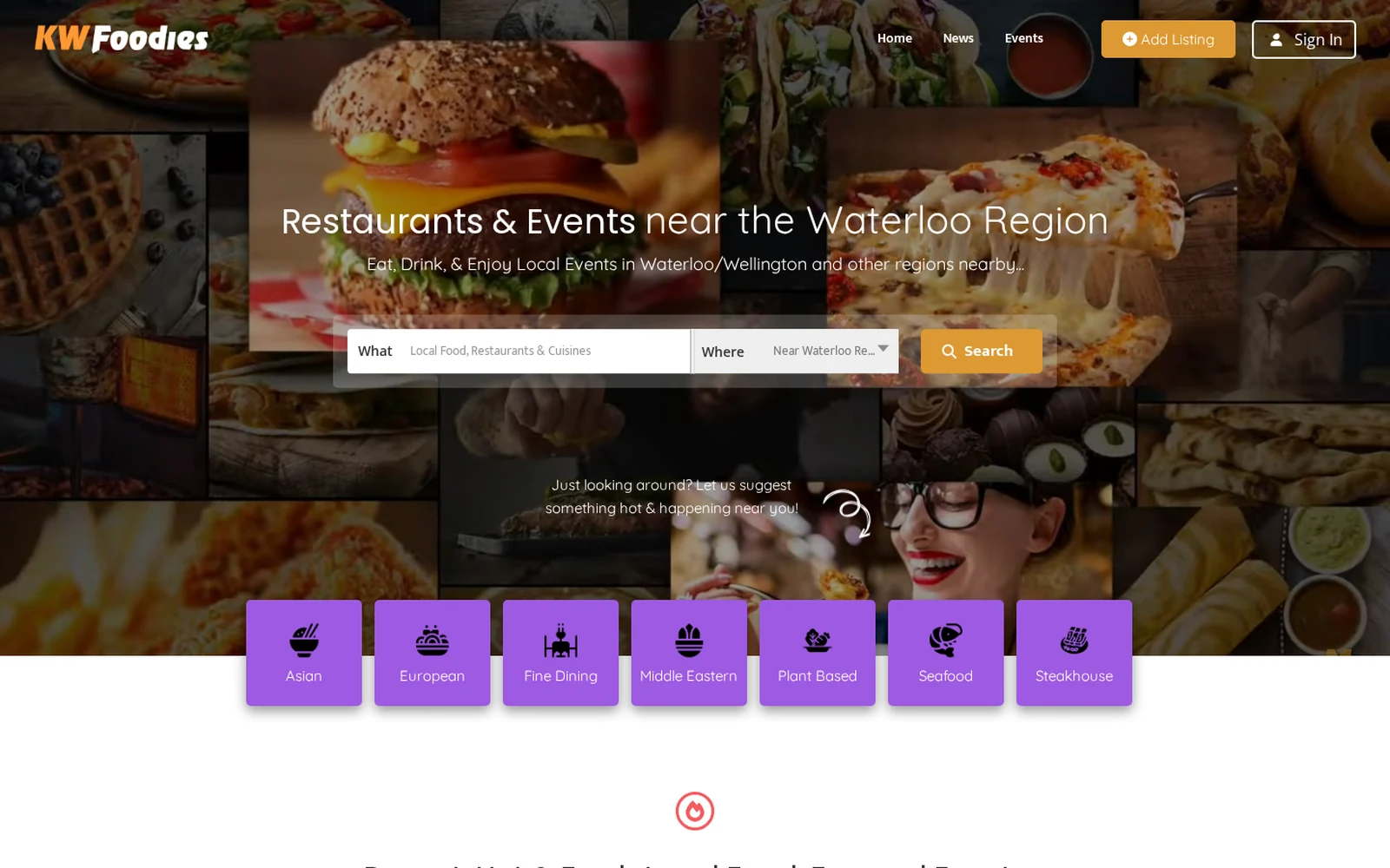 The KWFoodies.com homepage showing Waterloo Region restaurant and event discovery