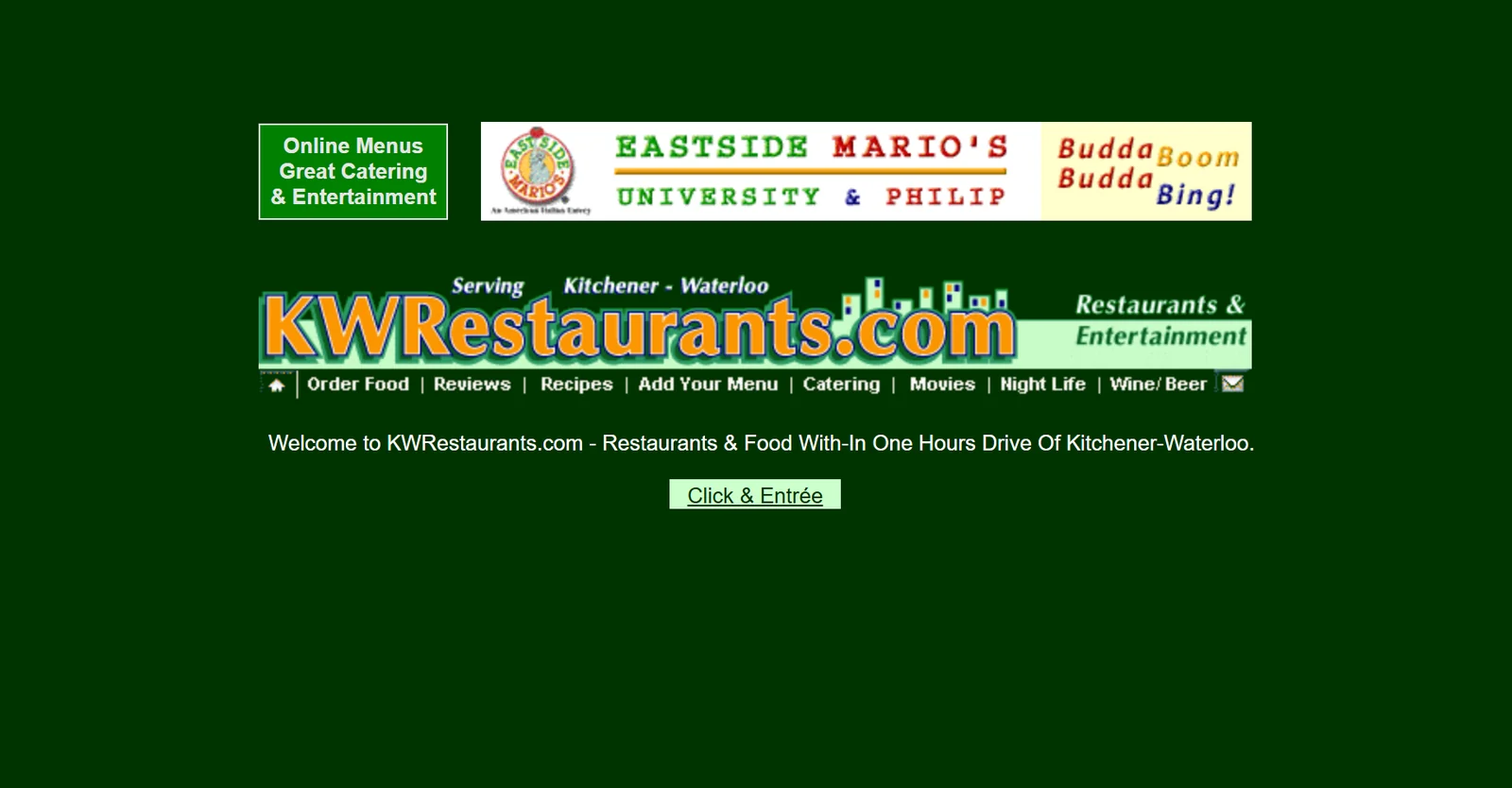 An Internet Archive capture of the KWRestaurants.com homepage from January 2004, showing the logo, restaurant banner advertising and navigation for menus, reviews, recipes, catering and nightlife