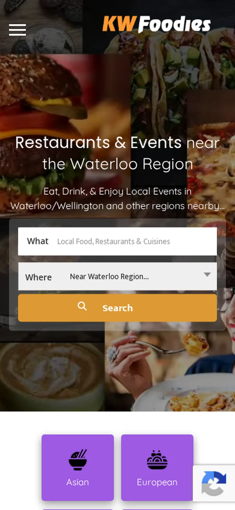 KWFoodies.com on a mobile viewport, showing regional food discovery on a small screen
