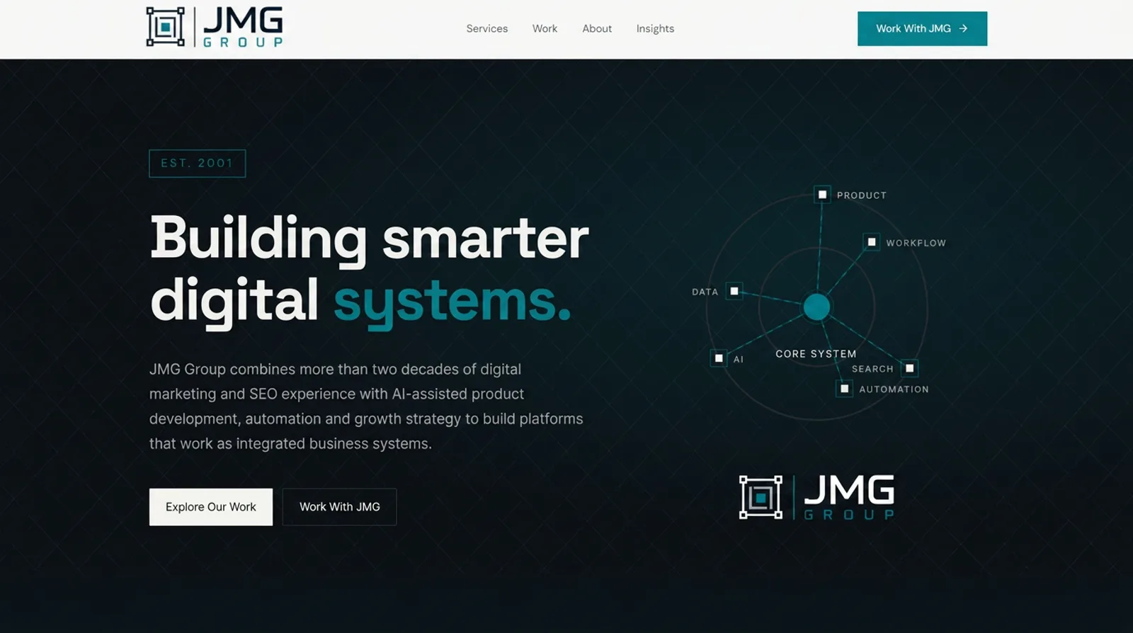 The redesigned JMGGroup.ca homepage, with a schematic system diagram and blueprint visual language