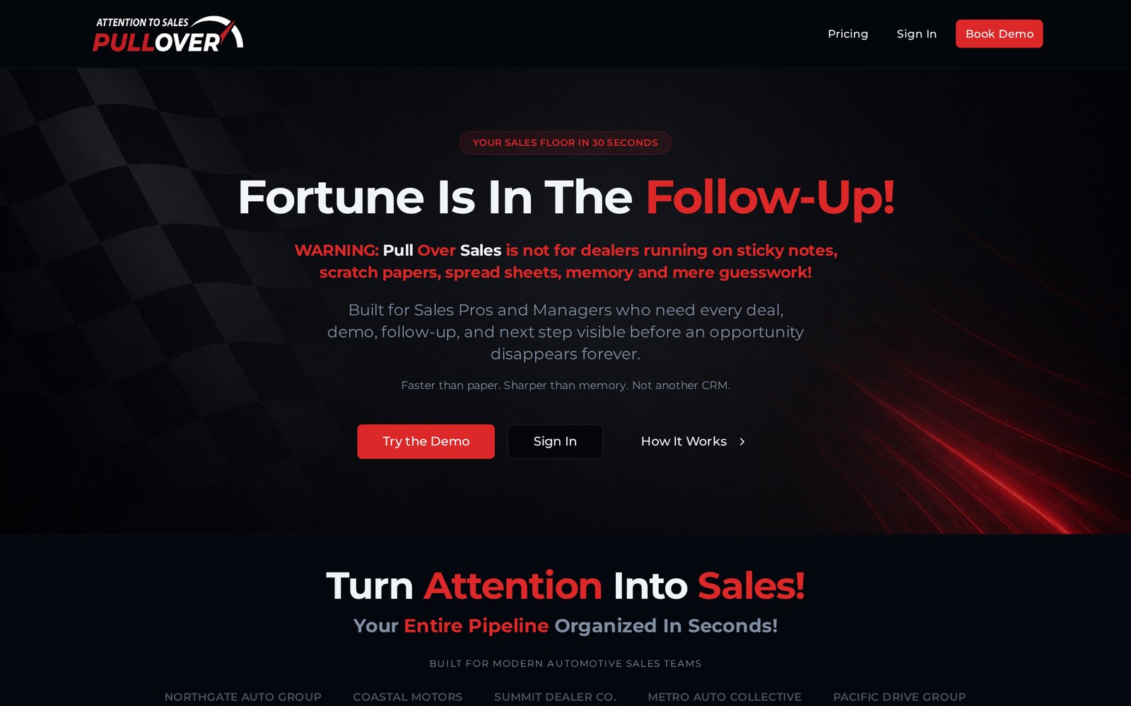 The Pull Over Sales homepage showing its sales follow-up platform